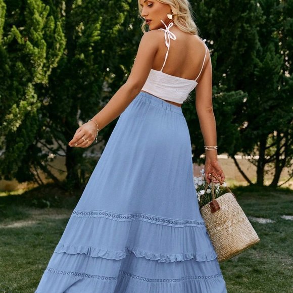 Blue Boho Womens Tie Waist Ruffle Hem Skirt - Picture 2 of 5